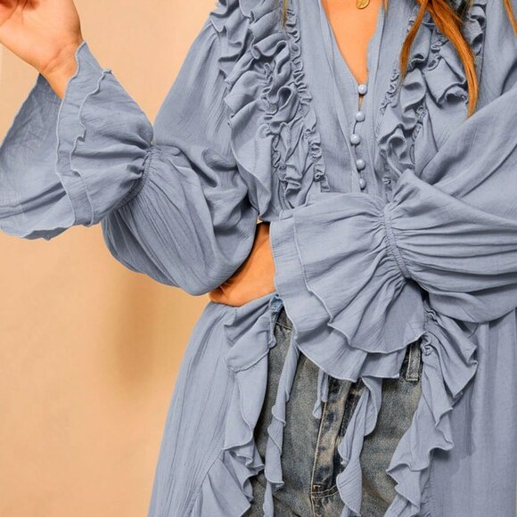 Dusty Blue Casual Women's Long Sleeve Boho Maxi Dress - Picture 6 of 10